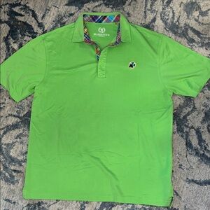 Bugatchi Green Polo with Multicolor Plaid Collar